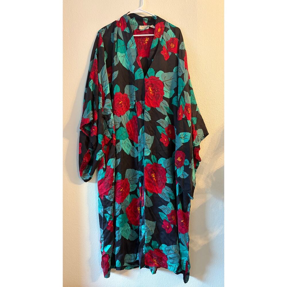 Vintage Victoria’s Secret 100% Silk Floral Kimono Robe M/L Black Red Roses